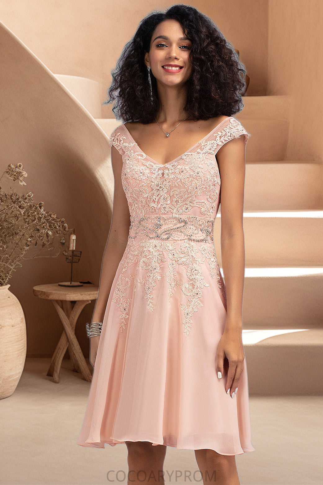 Peyton A-line V-Neck Knee-Length Chiffon Lace Homecoming Dress With Beading DA8P0020565