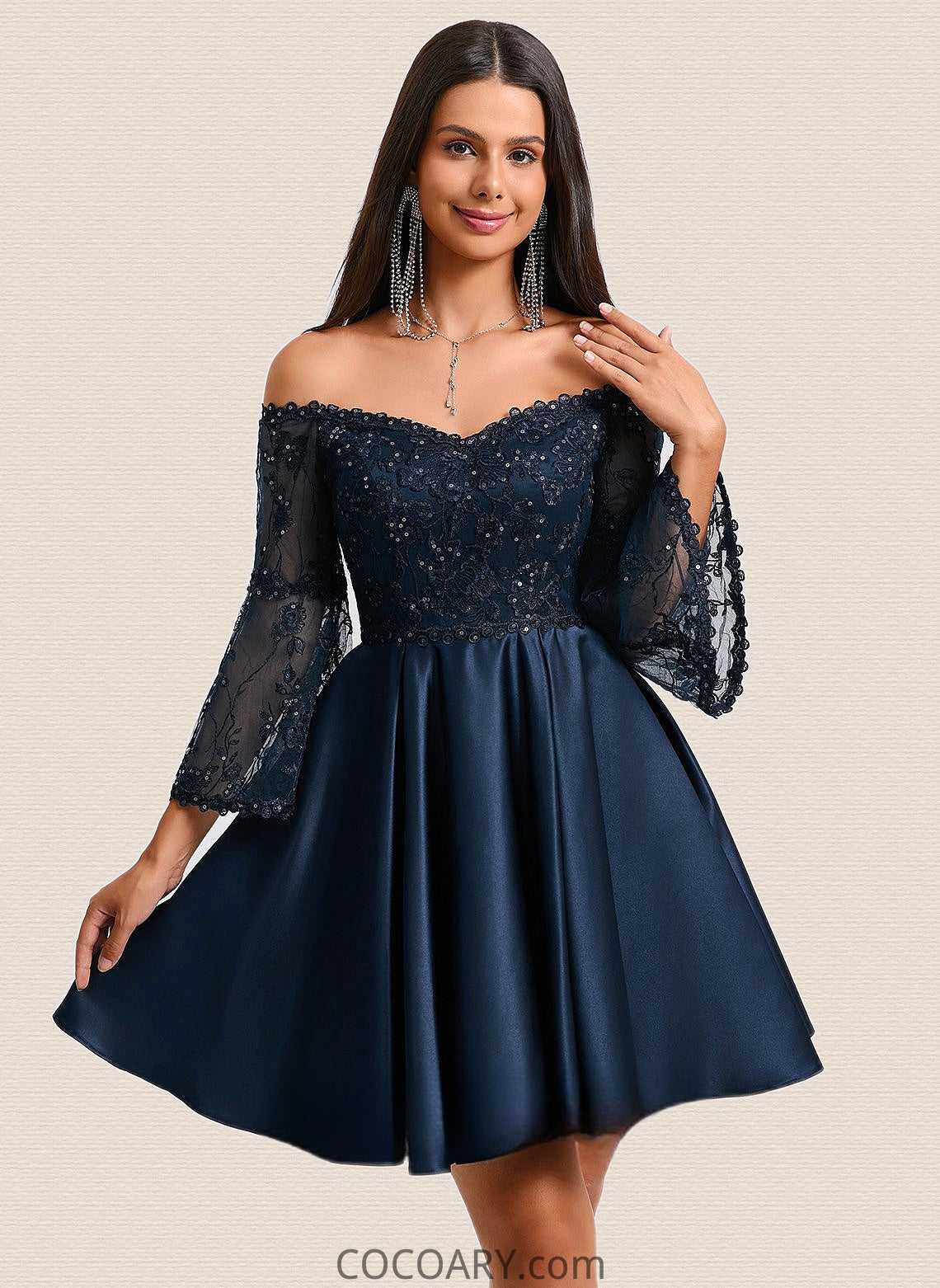 Jordyn A-line Off the Shoulder Short Satin Homecoming Dress With Sequins DA8P0025651