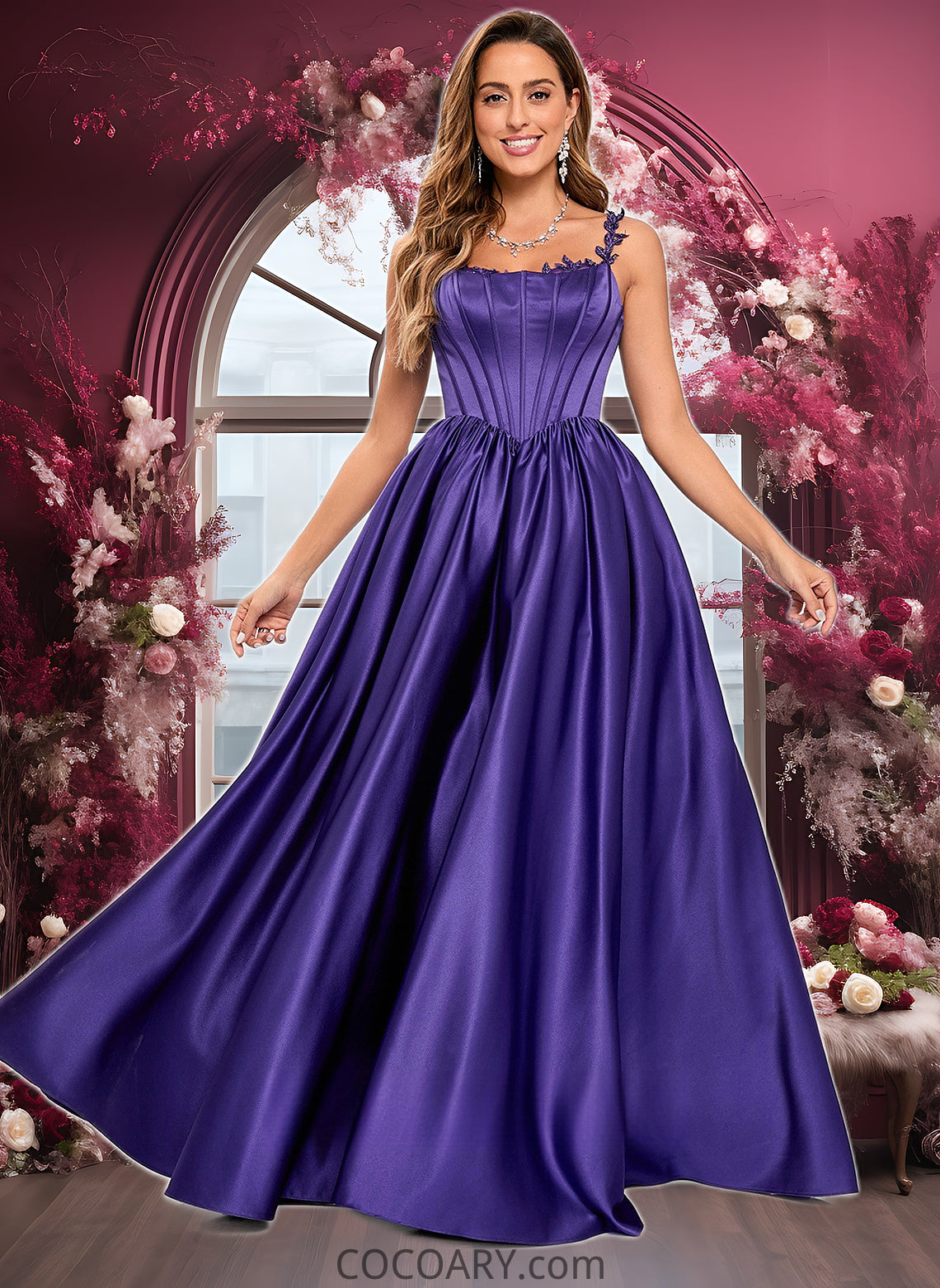 Serena Ball-Gown/Princess Scoop Floor-Length Satin Prom Dresses With Appliques Lace Beading DA8P0025865