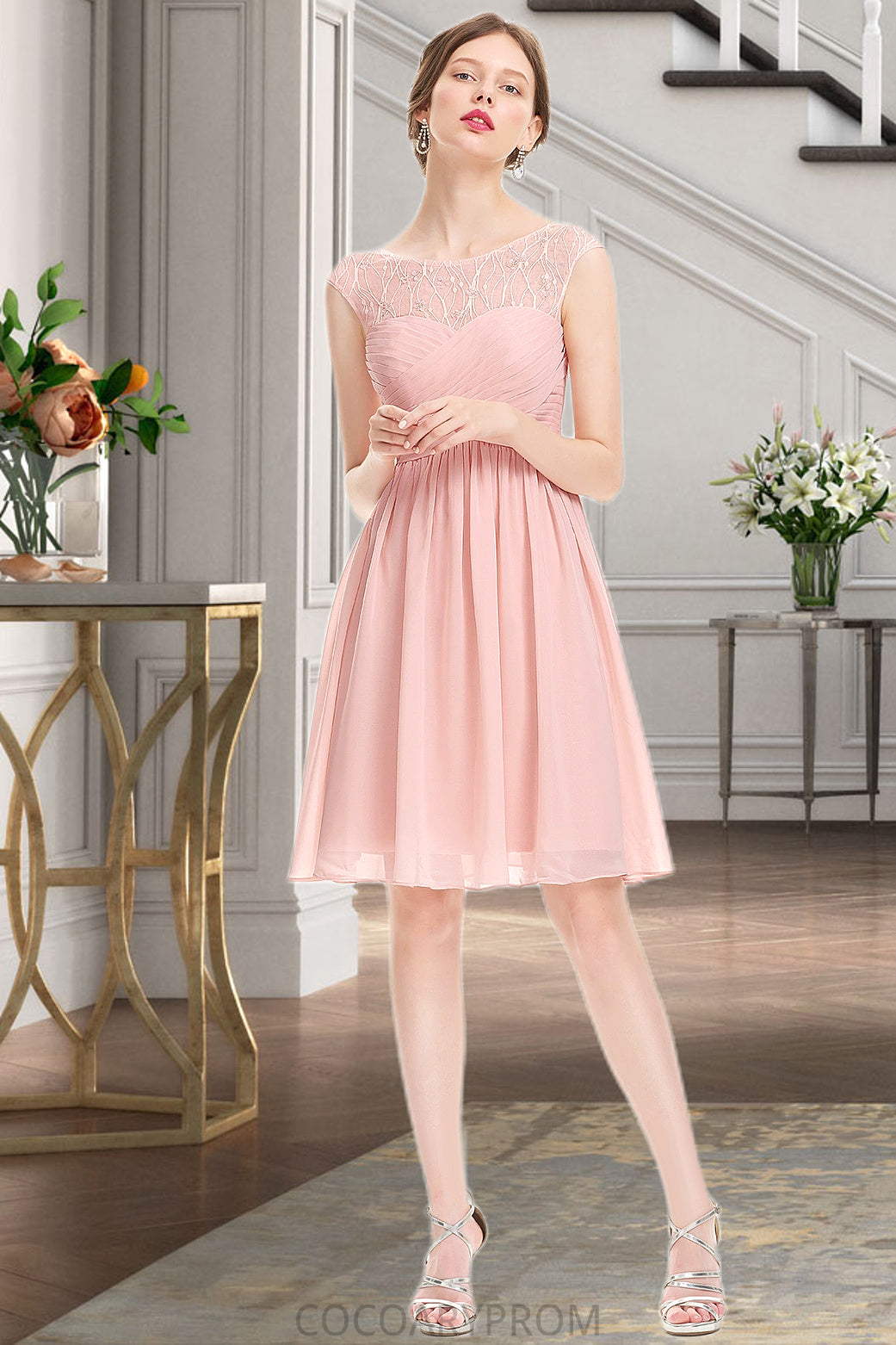 Emmalee A-line Scoop Knee-Length Chiffon Tulle Homecoming Dress With Beading Ruffle DA8P0020594