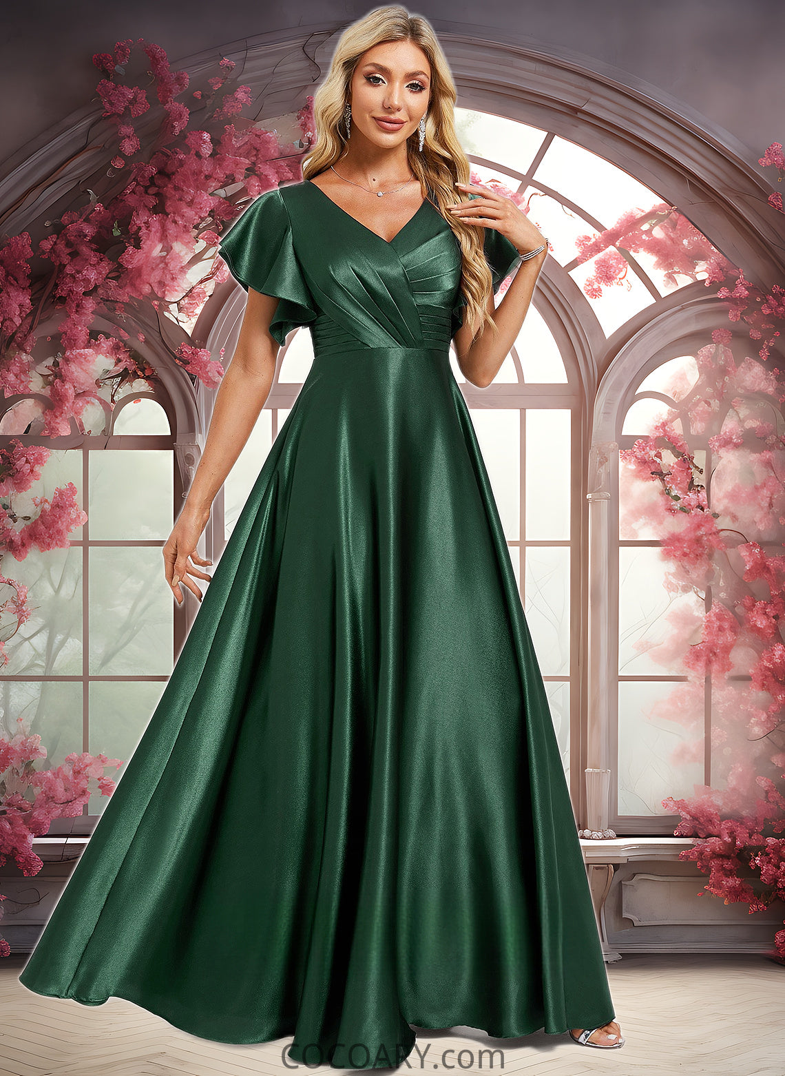 Cecilia A-line V-Neck Floor-Length Stretch Satin Bridesmaid Dress With Ruffle DA8P0025773