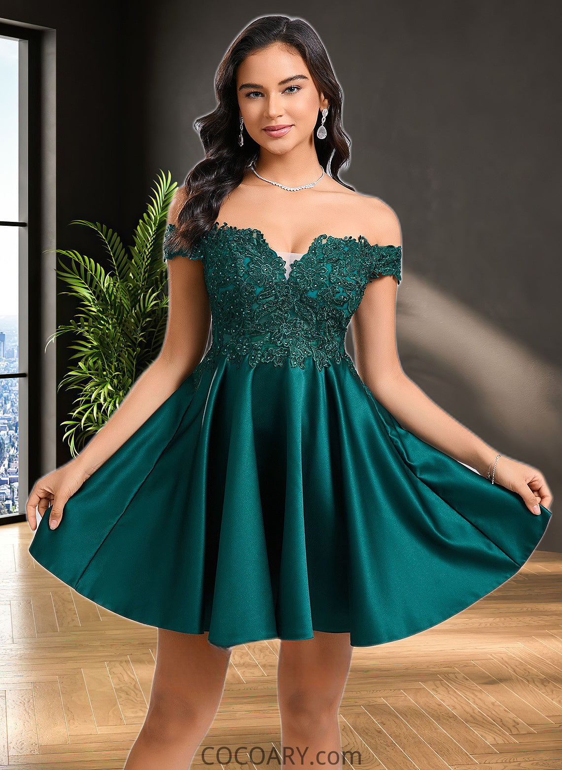 Dixie A-line Off the Shoulder Short Lace Satin Homecoming Dress With Rhinestone DA8P0025718