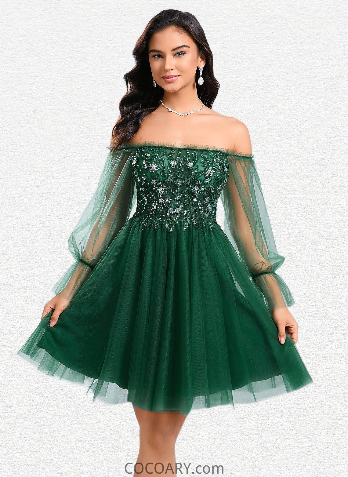 Leslie A-line Off the Shoulder Short Tulle Homecoming Dress With Sequins Appliques Lace DA8P0025663