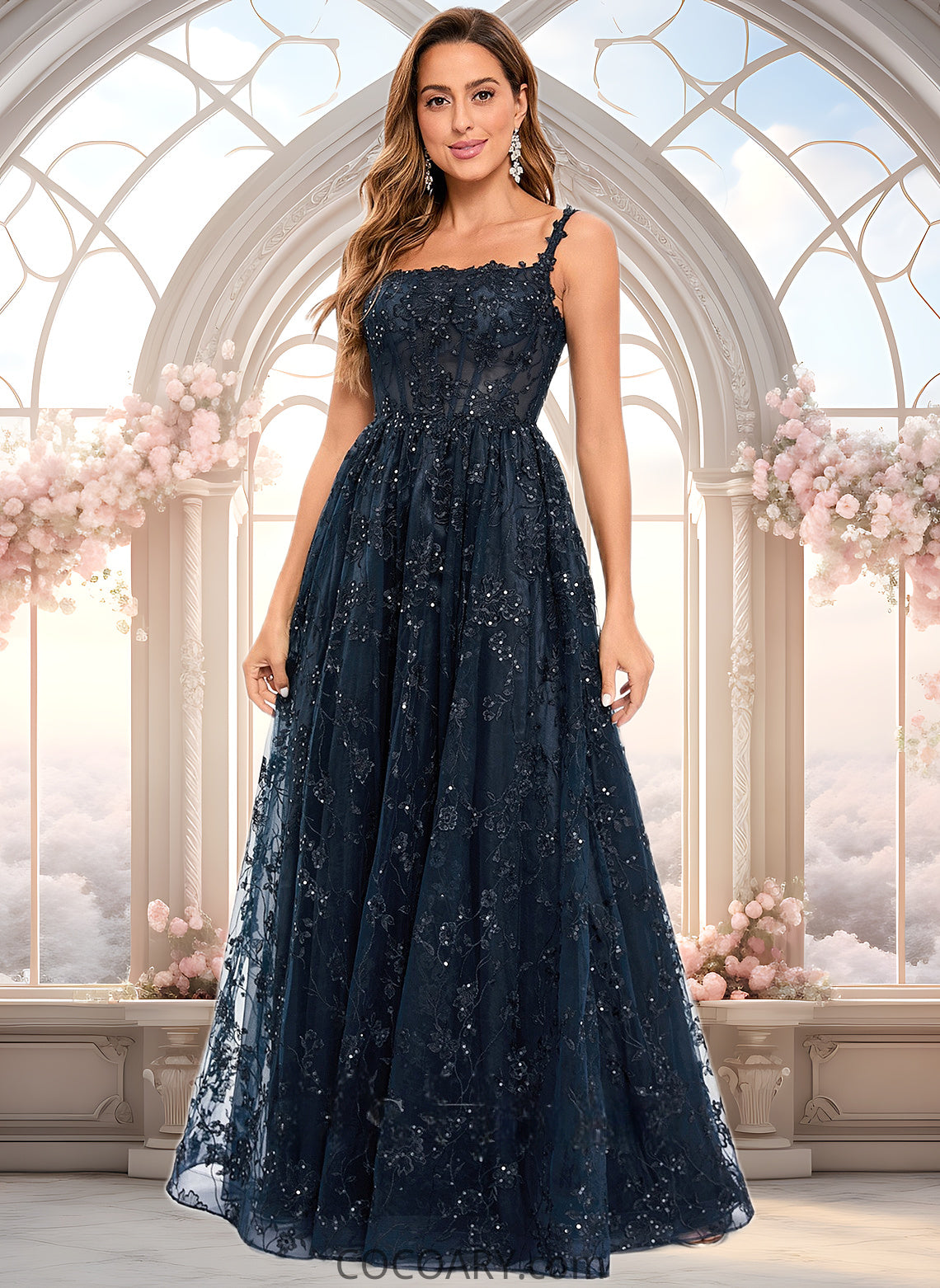 Jaycee A-line Square Floor-Length Organza Lace Floral Prom Dresses With Sequins DA8P0025844