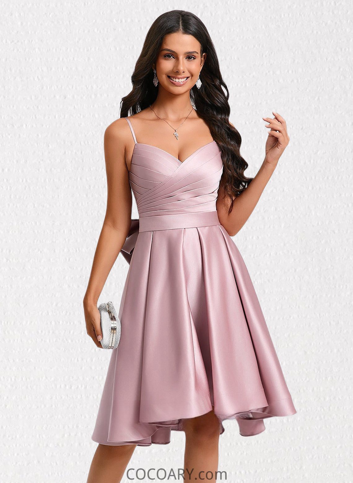 Mariana A-line V-Neck Asymmetrical Satin Homecoming Dress With Bow Pleated DA8P0025699