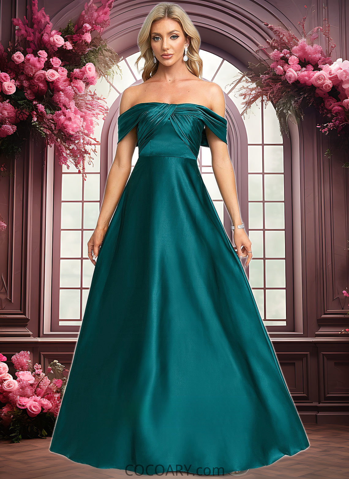 Payten A-line Off the Shoulder Floor-Length Stretch Satin Prom Dresses DA8P0025879