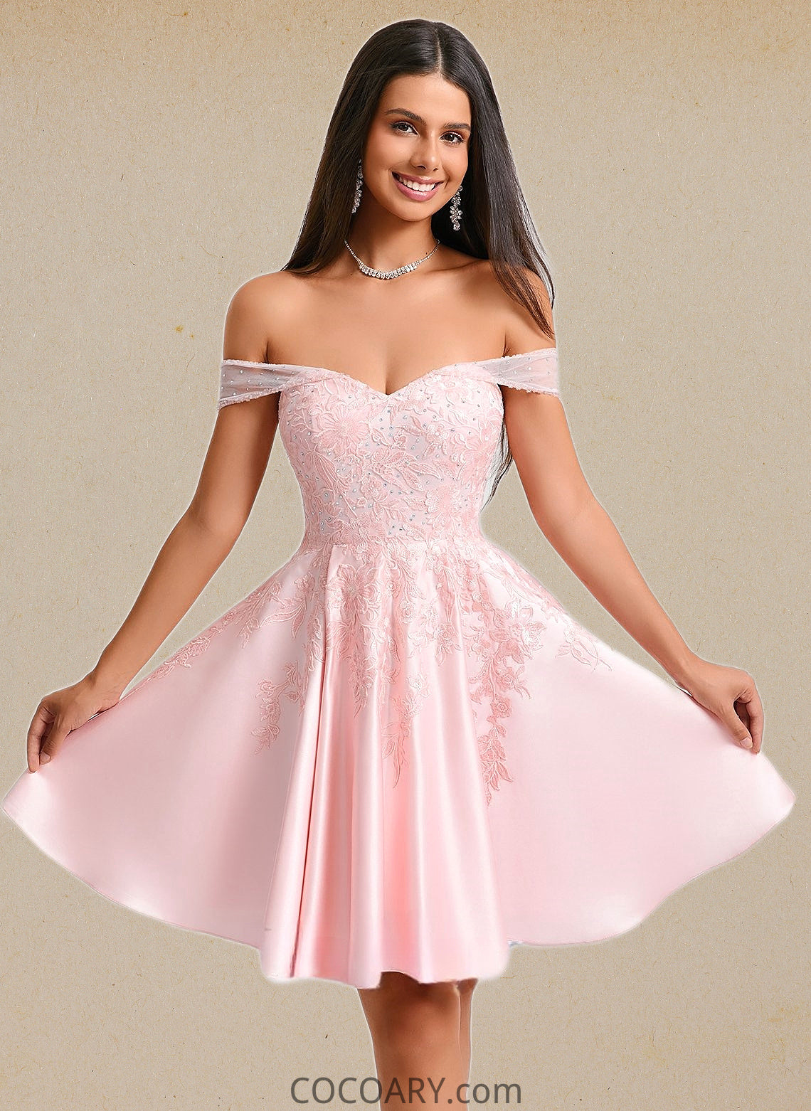 Ariana A-line Off the Shoulder Short Satin Homecoming Dress With Rhinestone Beading Appliques Lace DA8P0025679