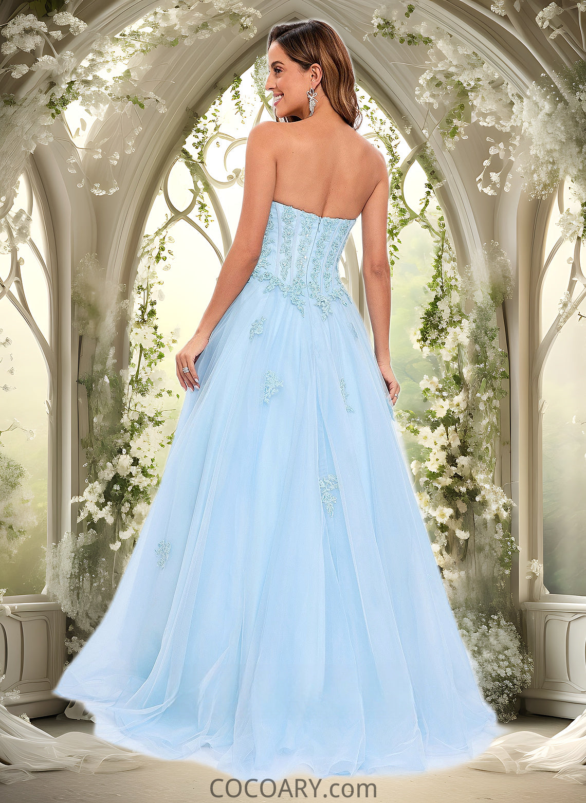 Aubrie Ball-Gown/Princess Straight Sweep Train Tulle Prom Dresses With Sequins Appliques Lace DA8P0025864