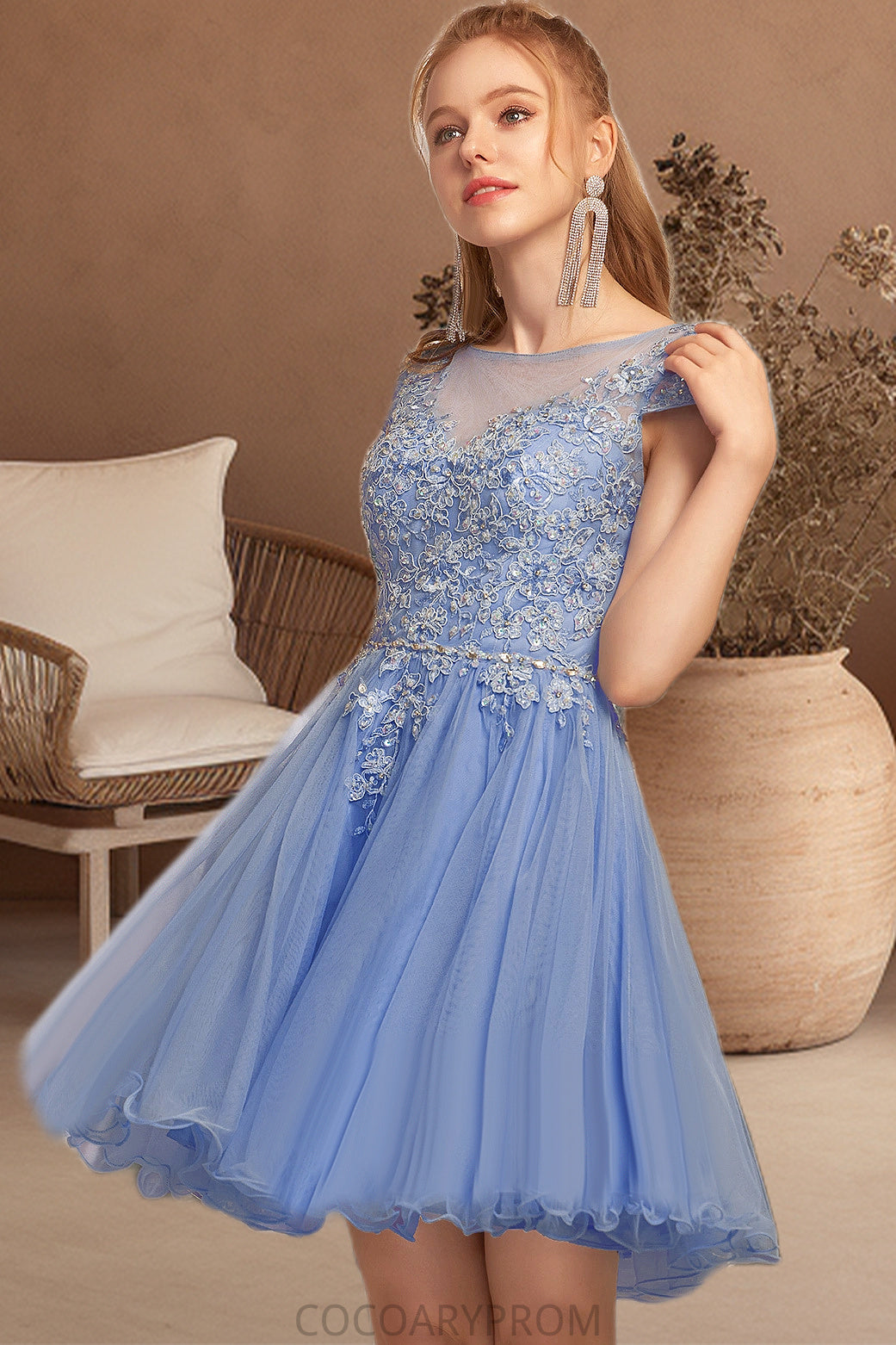 Aurora A-line Scoop Short/Mini Tulle Homecoming Dress With Beading Appliques Lace DA8P0020547