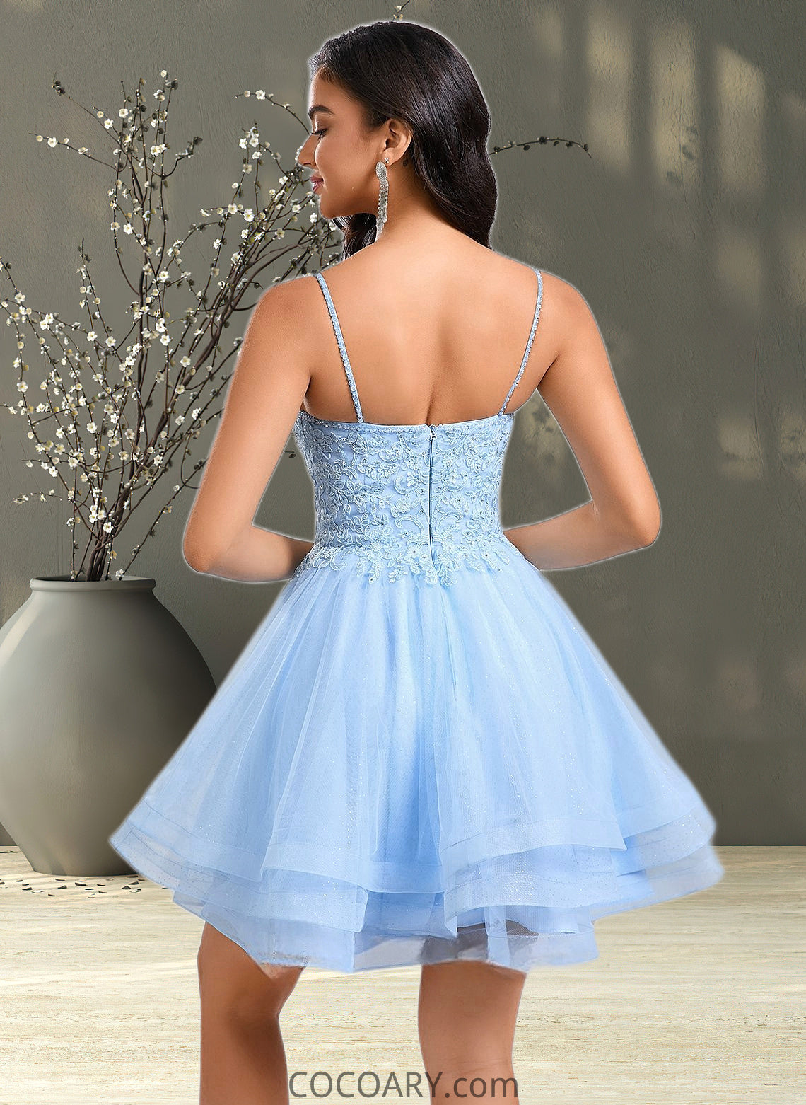 Jasmine A-line V-Neck Short Lace Tulle Homecoming Dress With Rhinestone Sequins DA8P0025658