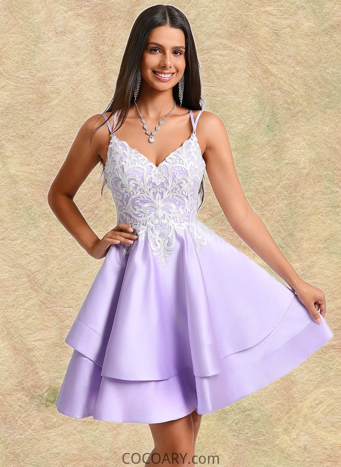 Kaylyn A-line V-Neck Short Satin Homecoming Dress With Appliques Lace DA8P0025696