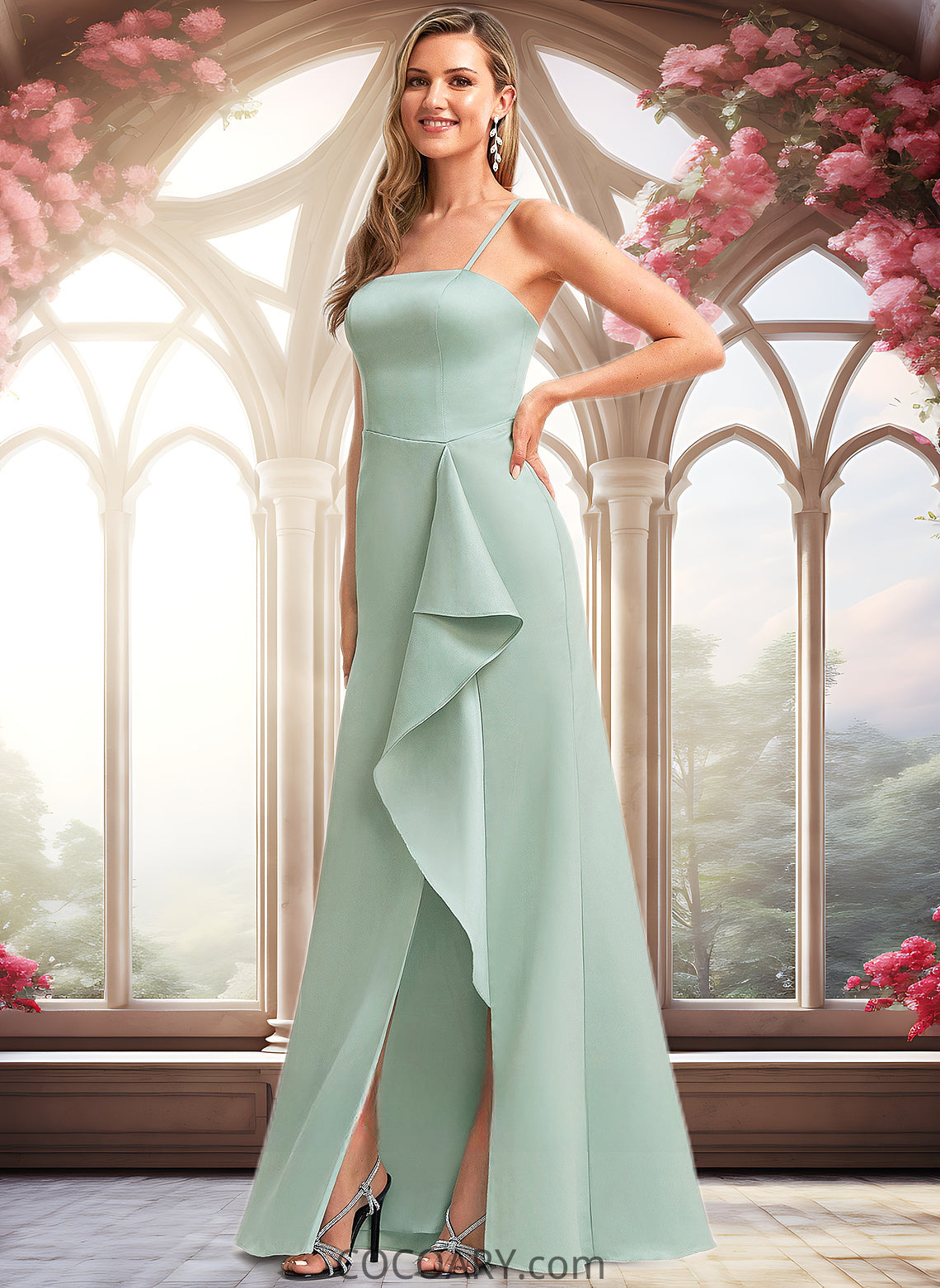 Heidi A-line Square Floor-Length Satin Bridesmaid Dress With Ruffle DA8P0025736