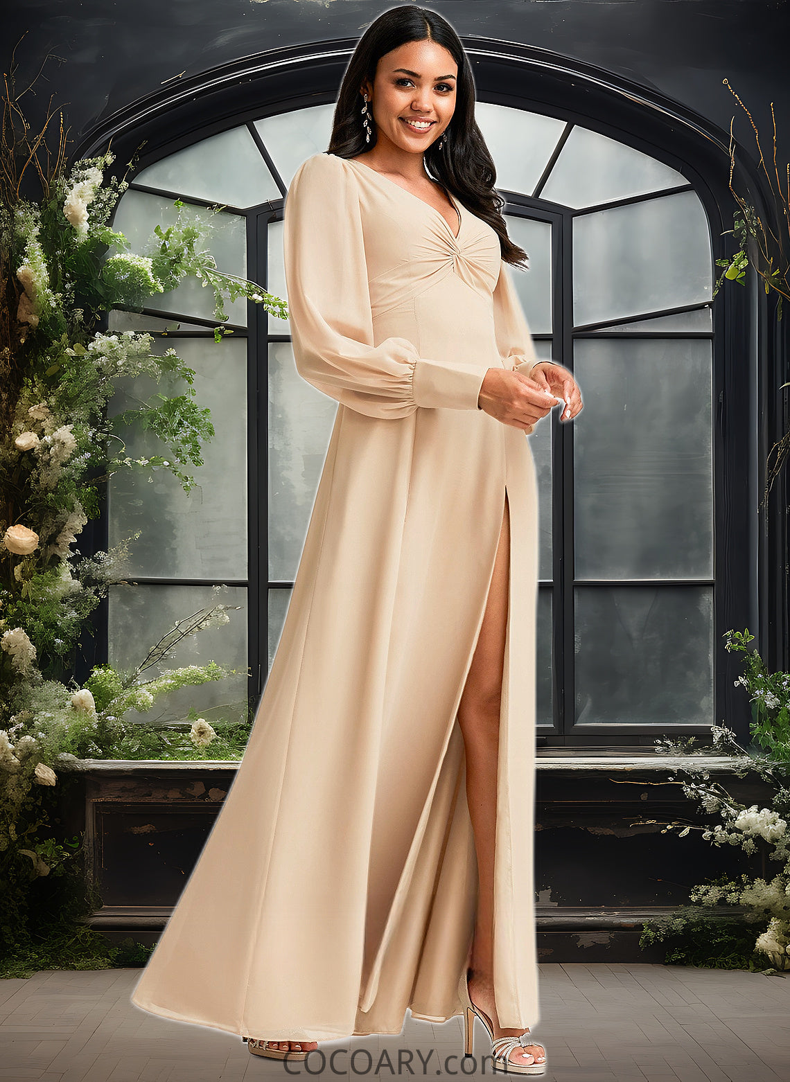 Jaylah A-line V-Neck Floor-Length Chiffon Bridesmaid Dress DA8P0025763