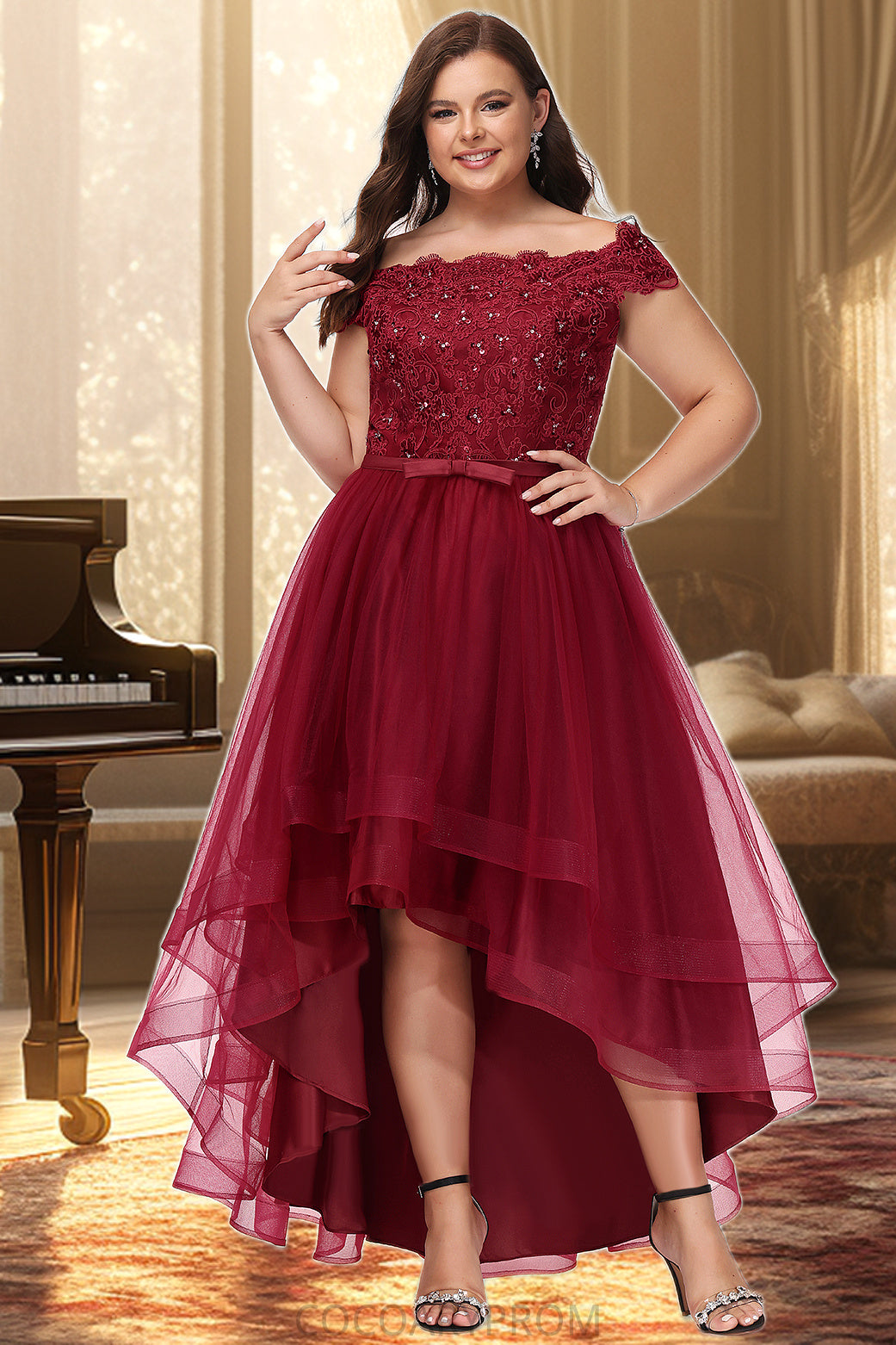 Madisyn A-line Off the Shoulder Asymmetrical Lace Tulle Homecoming Dress With Beading Bow Sequins DA8P0020535