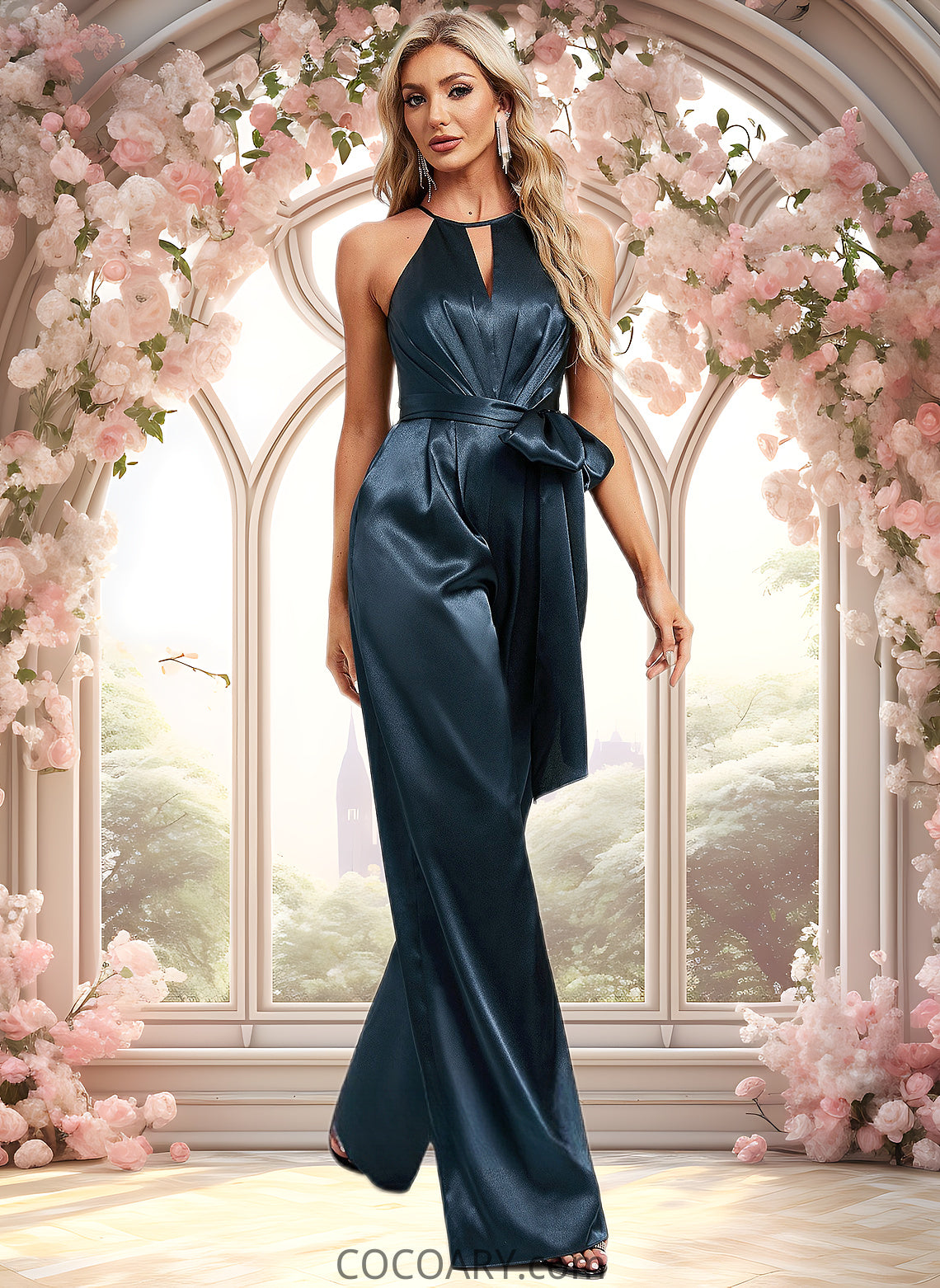 Cailyn Jumpsuit/Pantsuit Halter Floor-Length Stretch Satin Bridesmaid Dress DA8P0025805