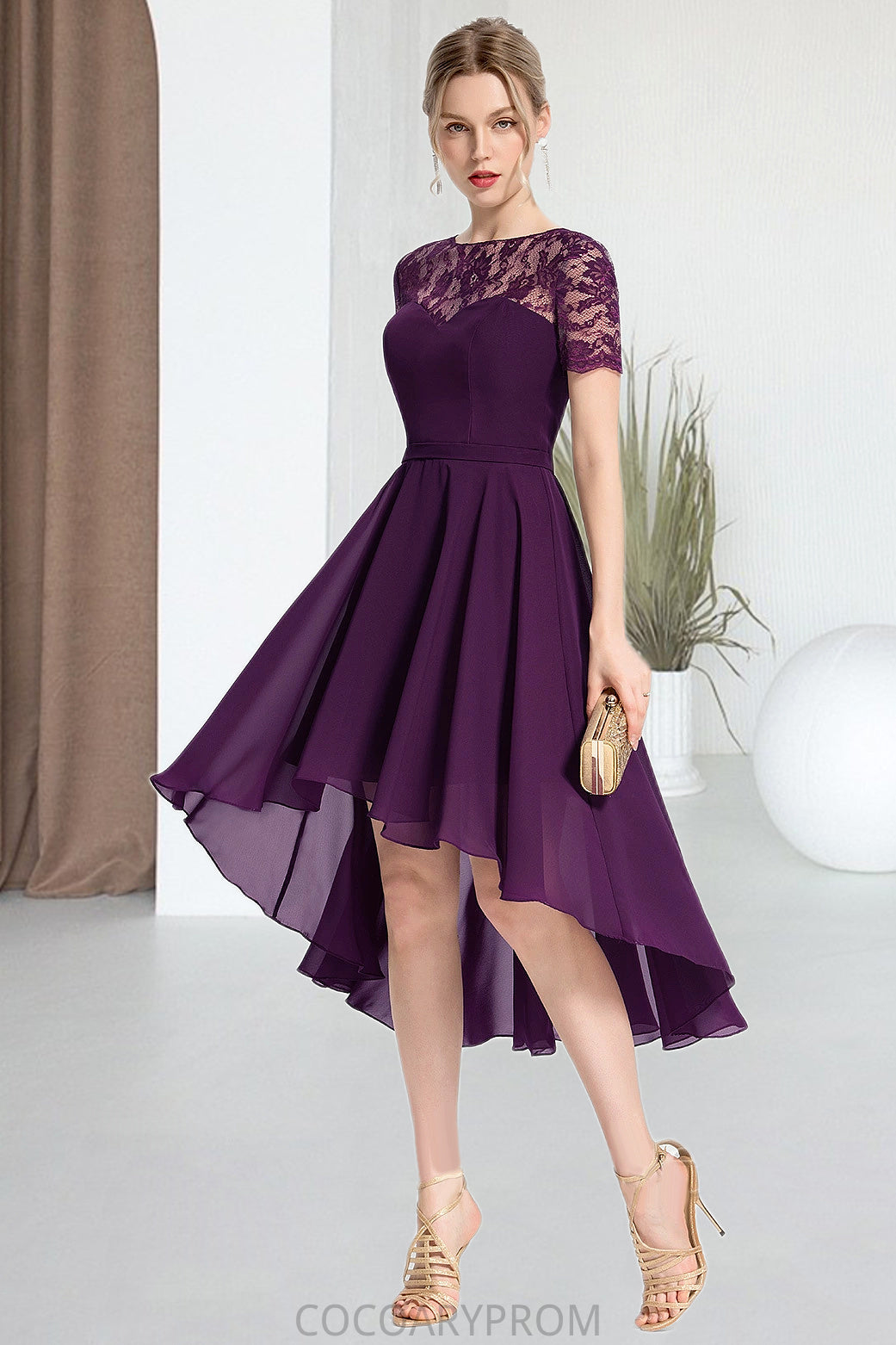 Jade A-line Scoop Asymmetrical Chiffon Lace Homecoming Dress DA8P0020587