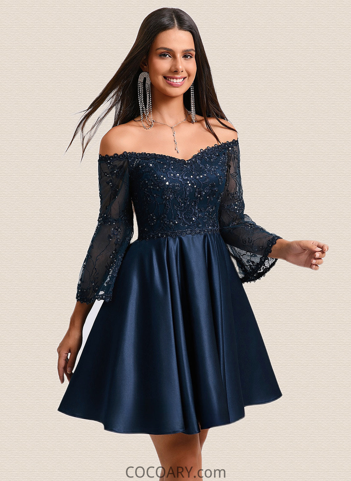 Jordyn A-line Off the Shoulder Short Satin Homecoming Dress With Sequins DA8P0025651