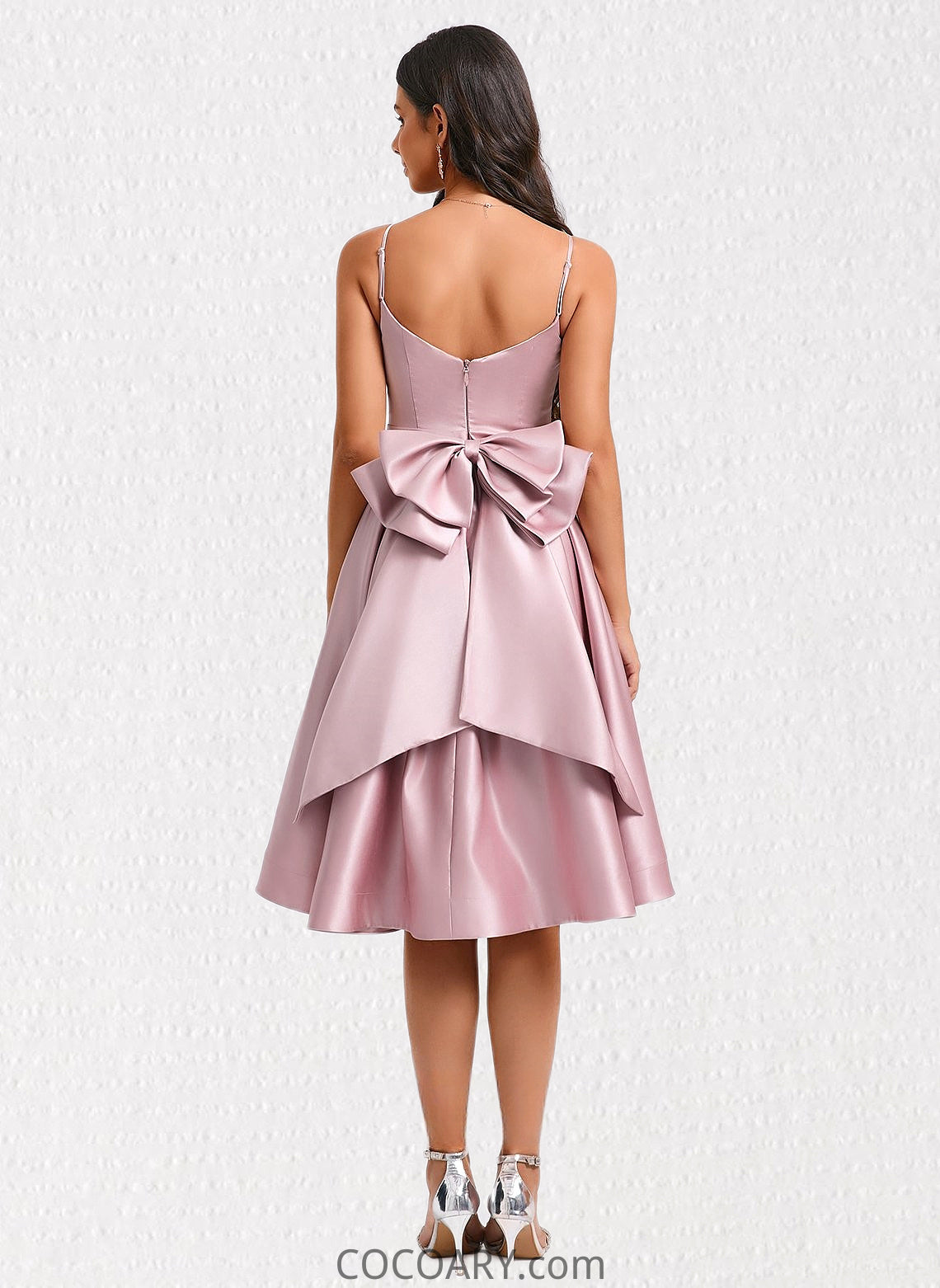 Mariana A-line V-Neck Asymmetrical Satin Homecoming Dress With Bow Pleated DA8P0025699