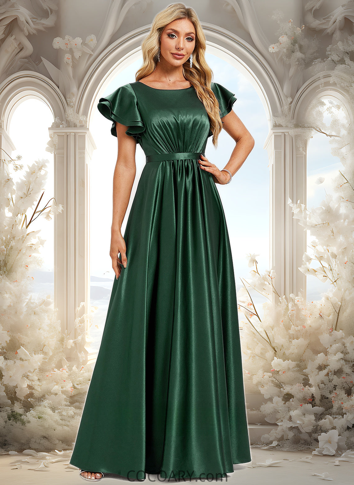 Nataly A-line Scoop Floor-Length Stretch Satin Bridesmaid Dress With Ruffle DA8P0025770