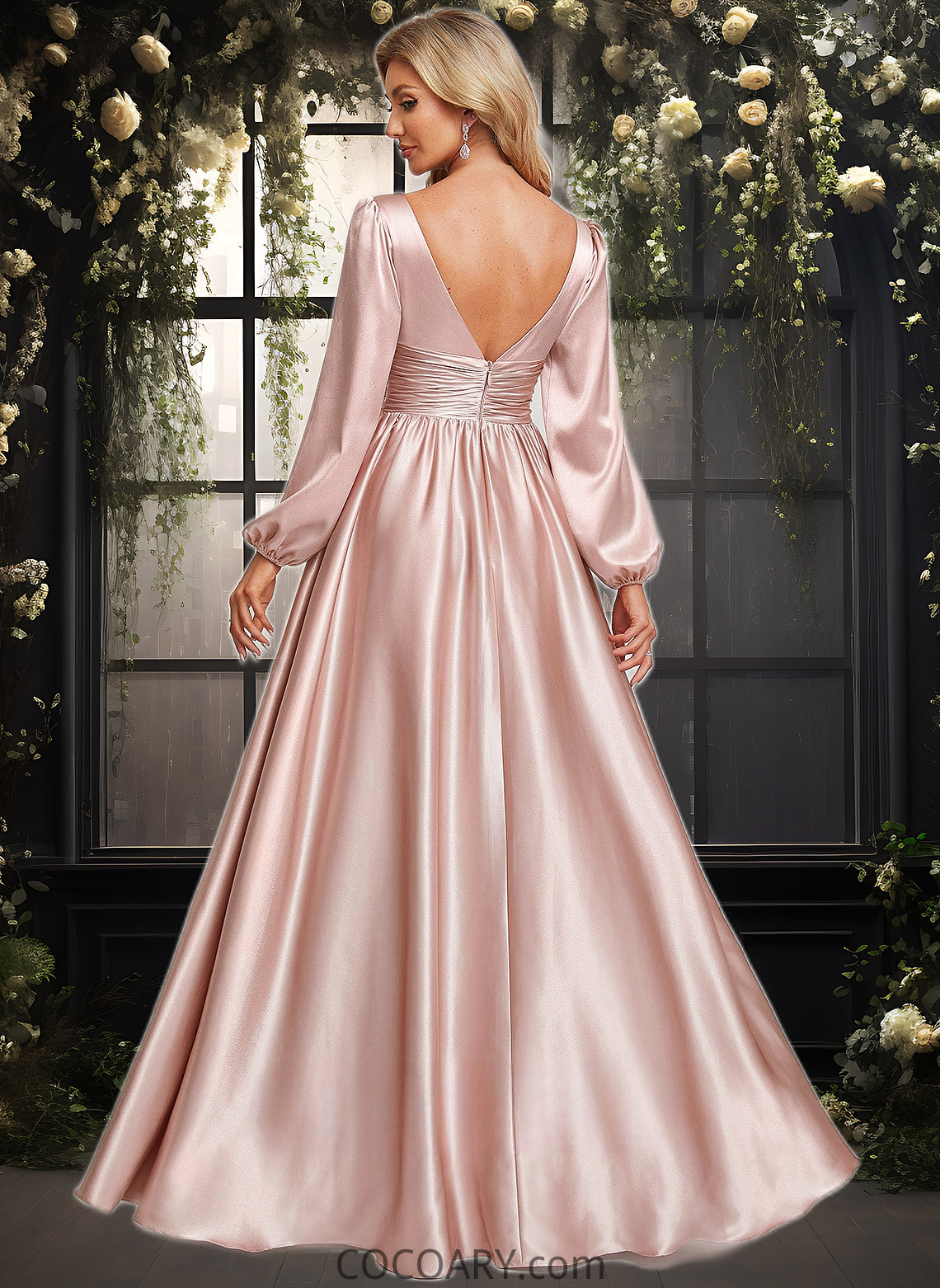 Lucy A-line V-Neck Floor-Length Stretch Satin Prom Dresses DA8P0025880