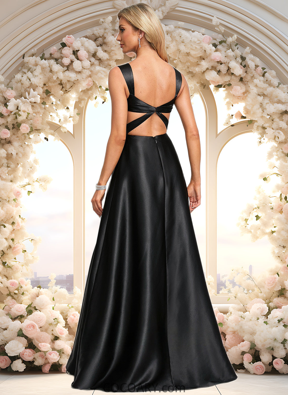 Cara A-line V-Neck Floor-Length Stretch Satin Prom Dresses With Bow DA8P0025882