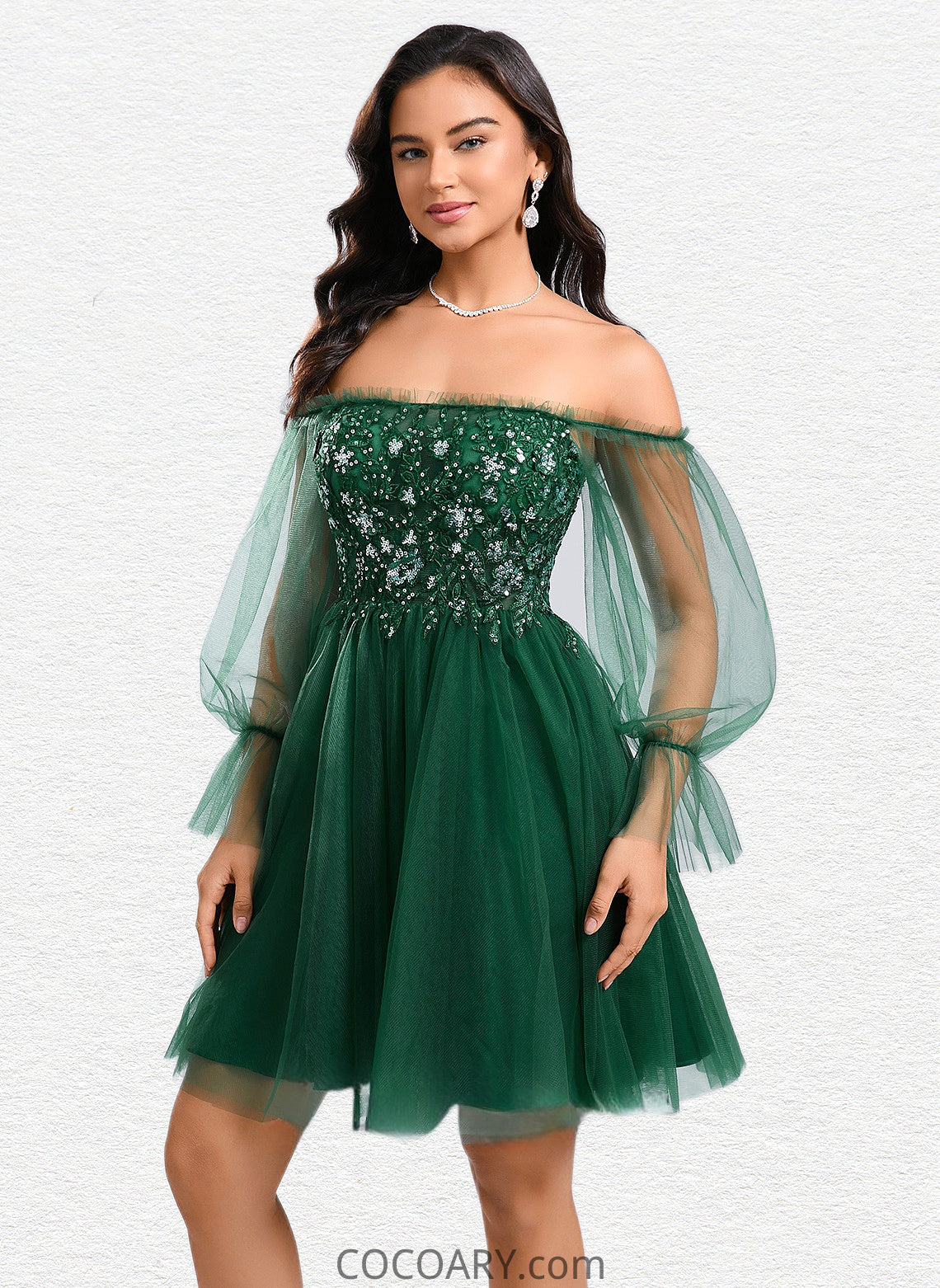 Leslie A-line Off the Shoulder Short Tulle Homecoming Dress With Sequins Appliques Lace DA8P0025663