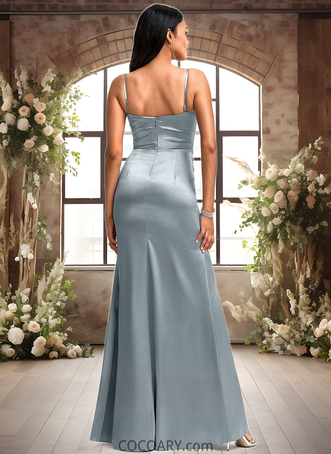 Jazmin A-line V-Neck Floor-Length Stretch Satin Bridesmaid Dress DA8P0025728