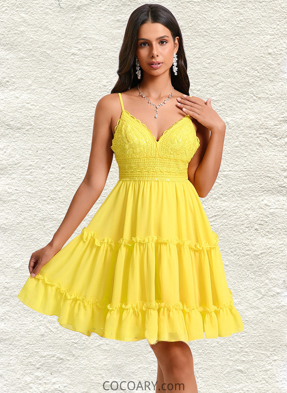 Germaine A-line V-Neck Short Chiffon Homecoming Dress With Ruffle Sequins DA8P0025700