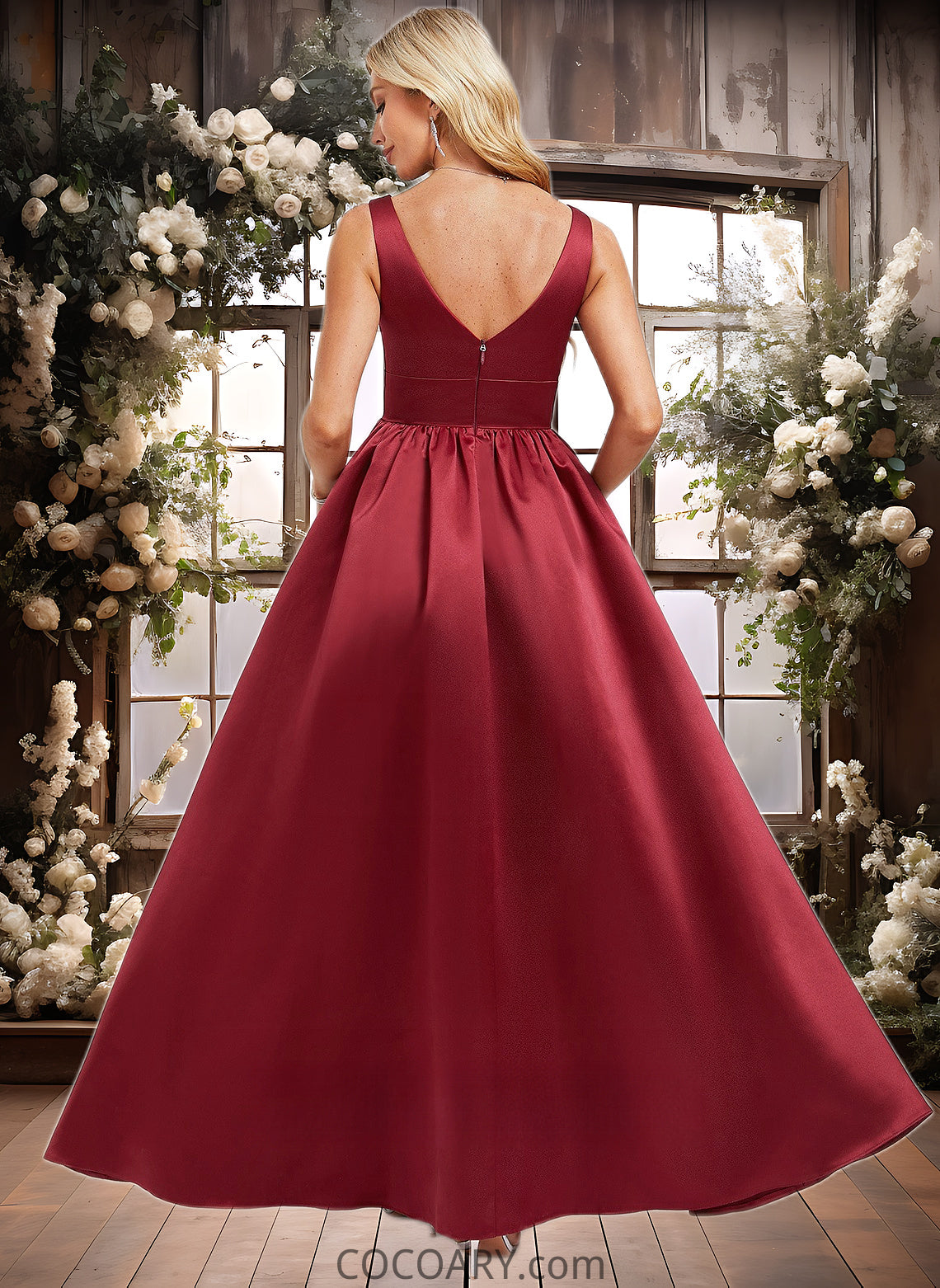 Amira A-line V-Neck Floor-Length Satin Bridesmaid Dress DA8P0025775