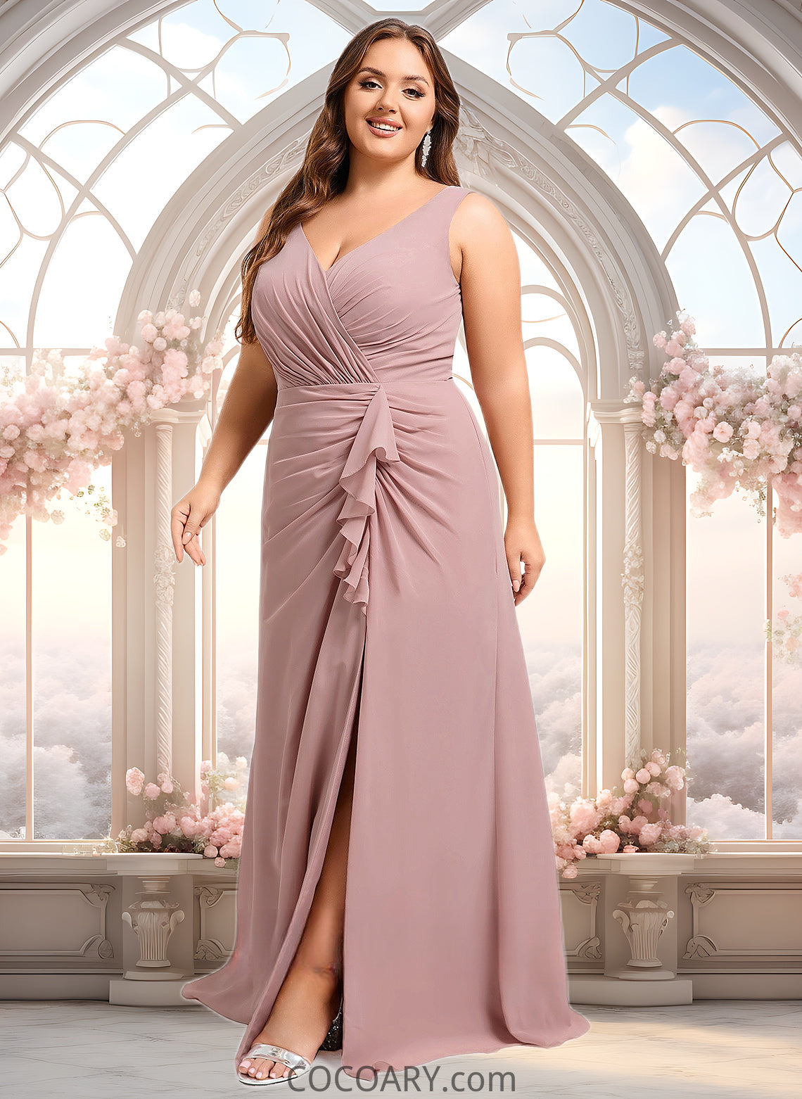 Abby A-line V-Neck Floor-Length Chiffon Bridesmaid Dress DA8P0025820