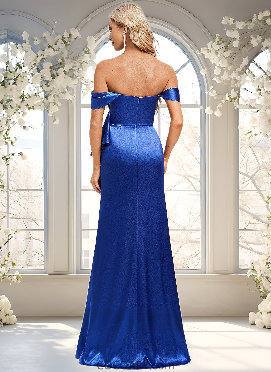 Tessa Trumpet/Mermaid Off the Shoulder Floor-Length Stretch Satin Bridesmaid Dress With Ruffle DA8P0025800