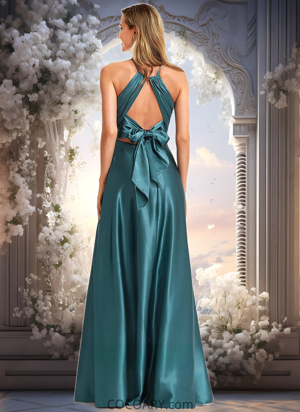 Eva A-line Halter Floor-Length Stretch Satin Bridesmaid Dress DA8P0025731