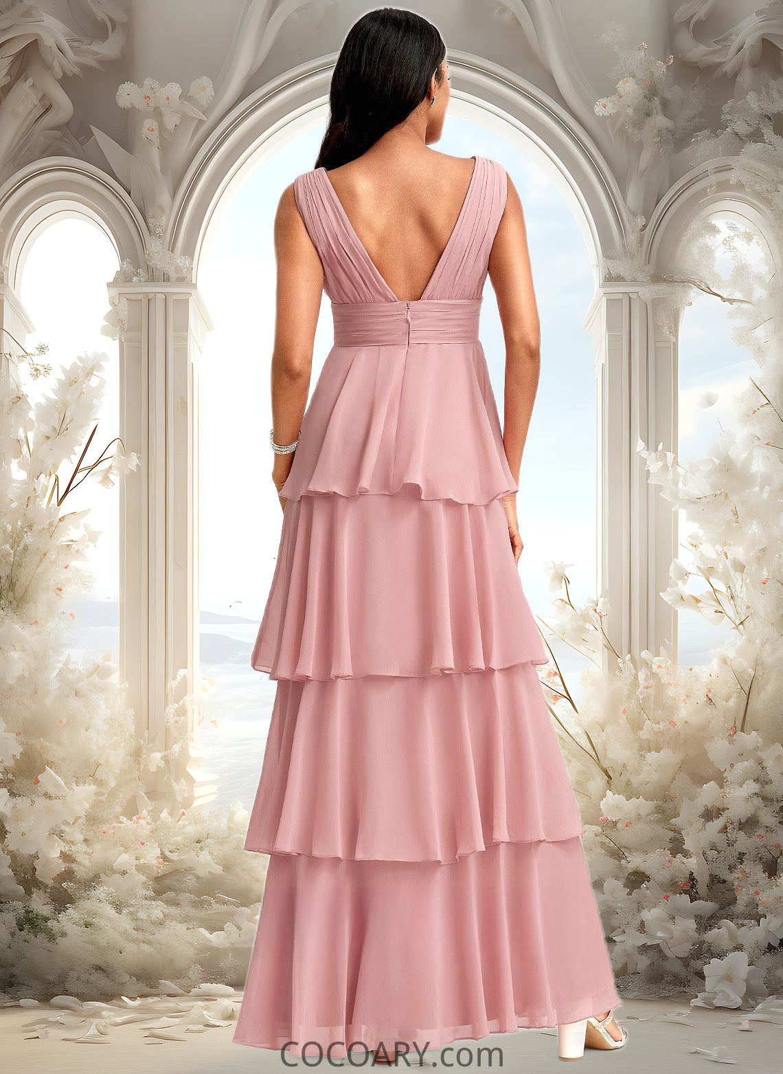 Rosalie A-line V-Neck Floor-Length Chiffon Bridesmaid Dress DA8P0025749