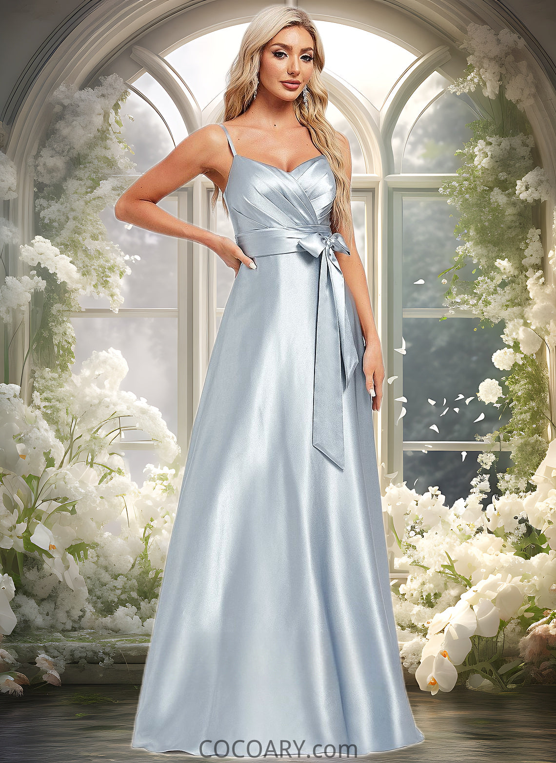 Olga A-line V-Neck Floor-Length Stretch Satin Bridesmaid Dress DA8P0025795