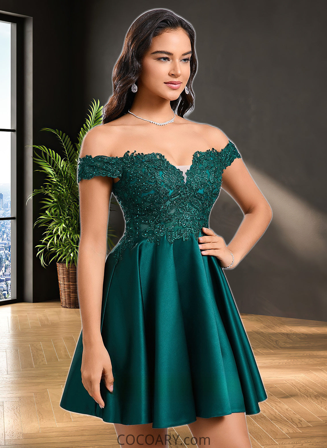 Dixie A-line Off the Shoulder Short Lace Satin Homecoming Dress With Rhinestone DA8P0025718