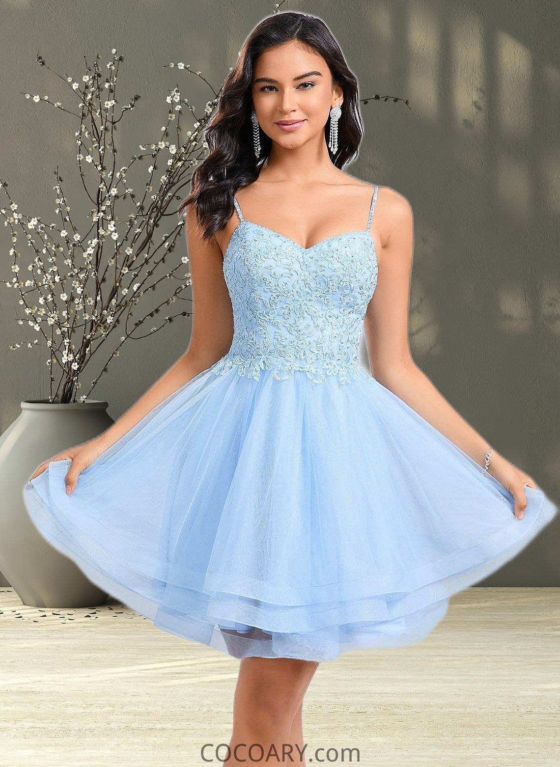 Jasmine A-line V-Neck Short Lace Tulle Homecoming Dress With Rhinestone Sequins DA8P0025658