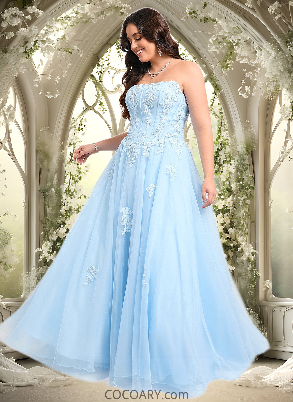 Aubrie Ball-Gown/Princess Straight Sweep Train Tulle Prom Dresses With Sequins Appliques Lace DA8P0025864