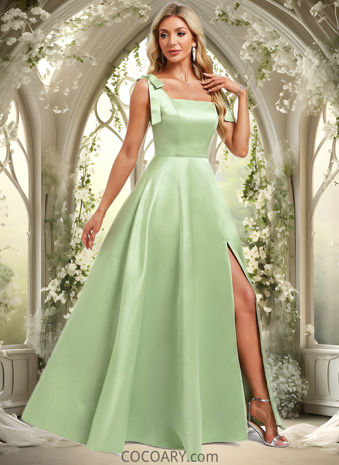 Anika A-line Square Floor-Length Satin Bridesmaid Dress With Bow DA8P0025778