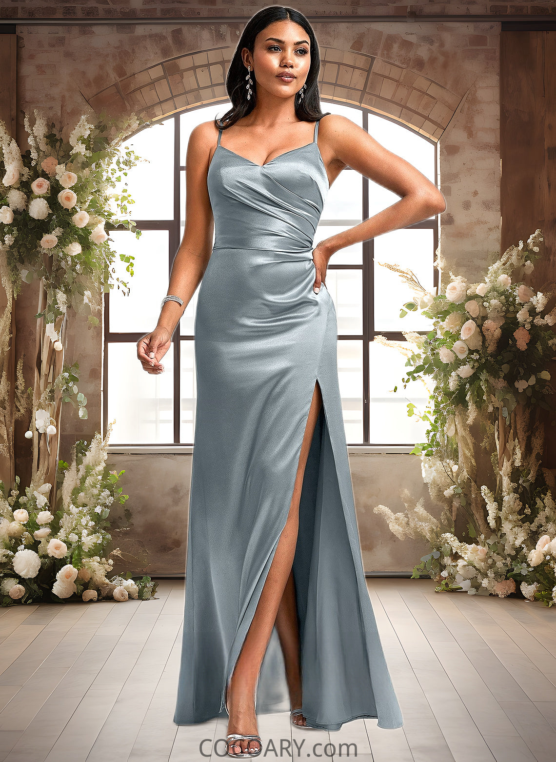 Jazmin A-line V-Neck Floor-Length Stretch Satin Bridesmaid Dress DA8P0025728