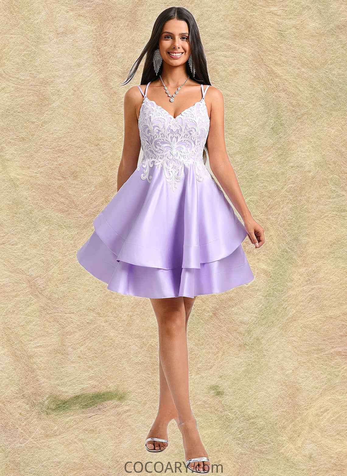 Kaylyn A-line V-Neck Short Satin Homecoming Dress With Appliques Lace DA8P0025696