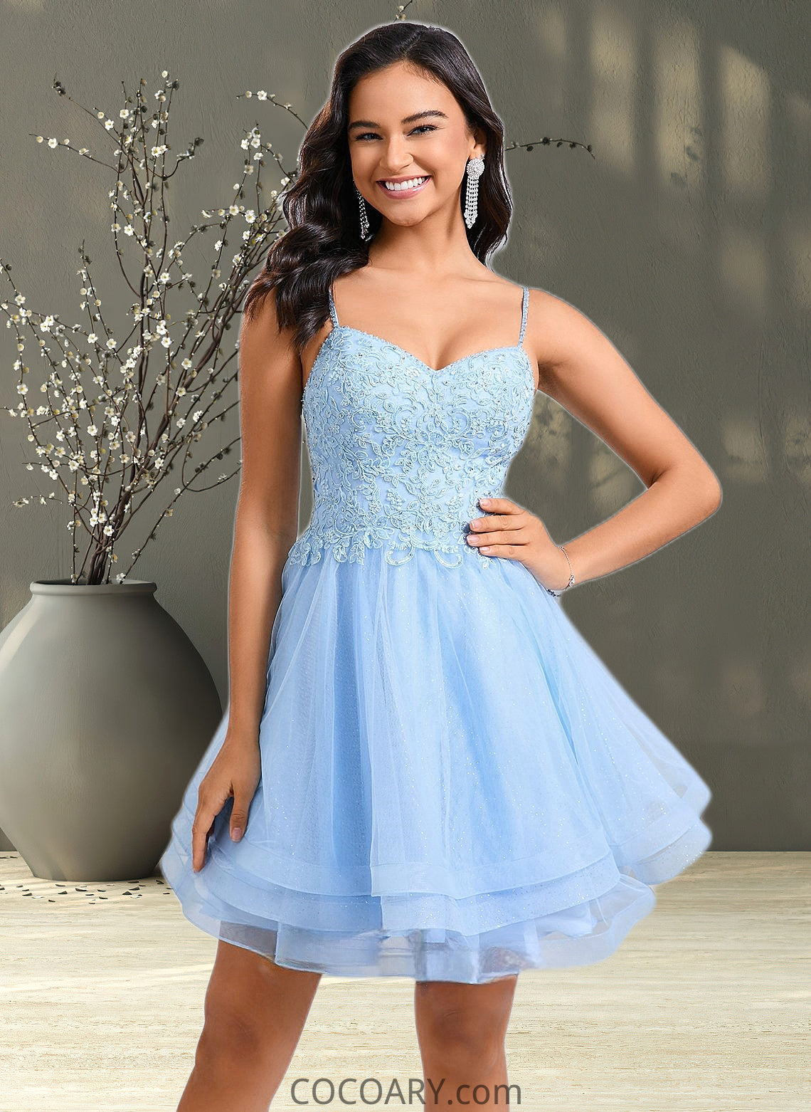 Jasmine A-line V-Neck Short Lace Tulle Homecoming Dress With Rhinestone Sequins DA8P0025658