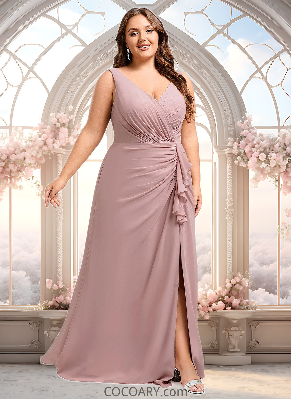 Abby A-line V-Neck Floor-Length Chiffon Bridesmaid Dress DA8P0025820