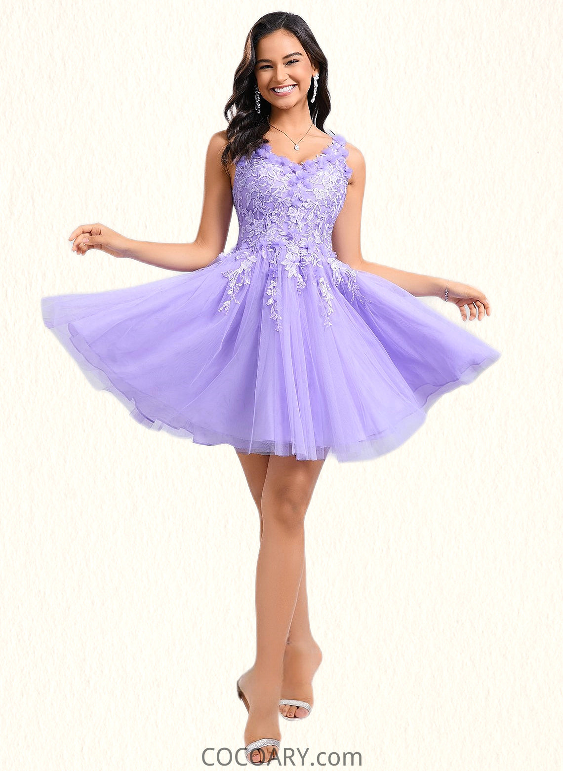 Vivien Ball-Gown/Princess V-Neck Short Lace Tulle Homecoming Dress With Flower DA8P0025656