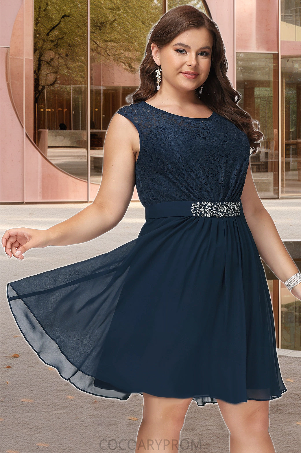 Tina A-line Scoop Knee-Length Chiffon Lace Homecoming Dress With Beading Bow DA8P0020588