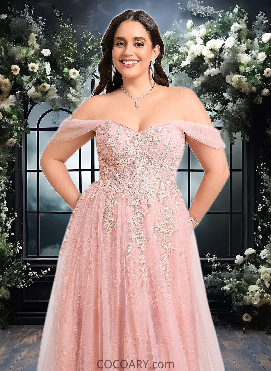 Jazlyn A-line Sweetheart Off the Shoulder Floor-Length Tulle Floral Lace Prom Dresses With Appliques Lace DA8P0025870