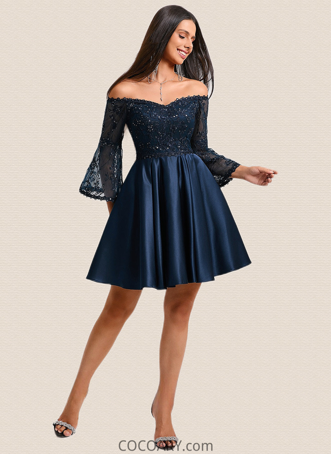 Jordyn A-line Off the Shoulder Short Satin Homecoming Dress With Sequins DA8P0025651