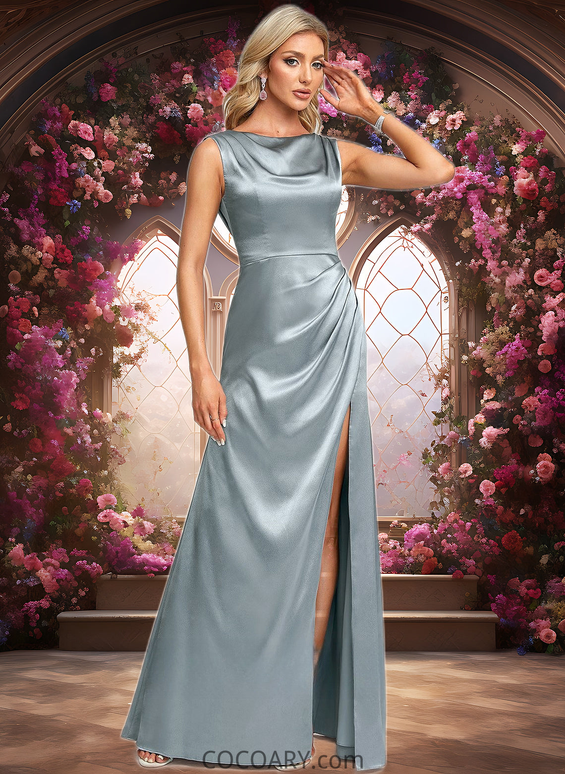 Olympia A-line Scoop Cowl Floor-Length Stretch Satin Prom Dresses DA8P0025878