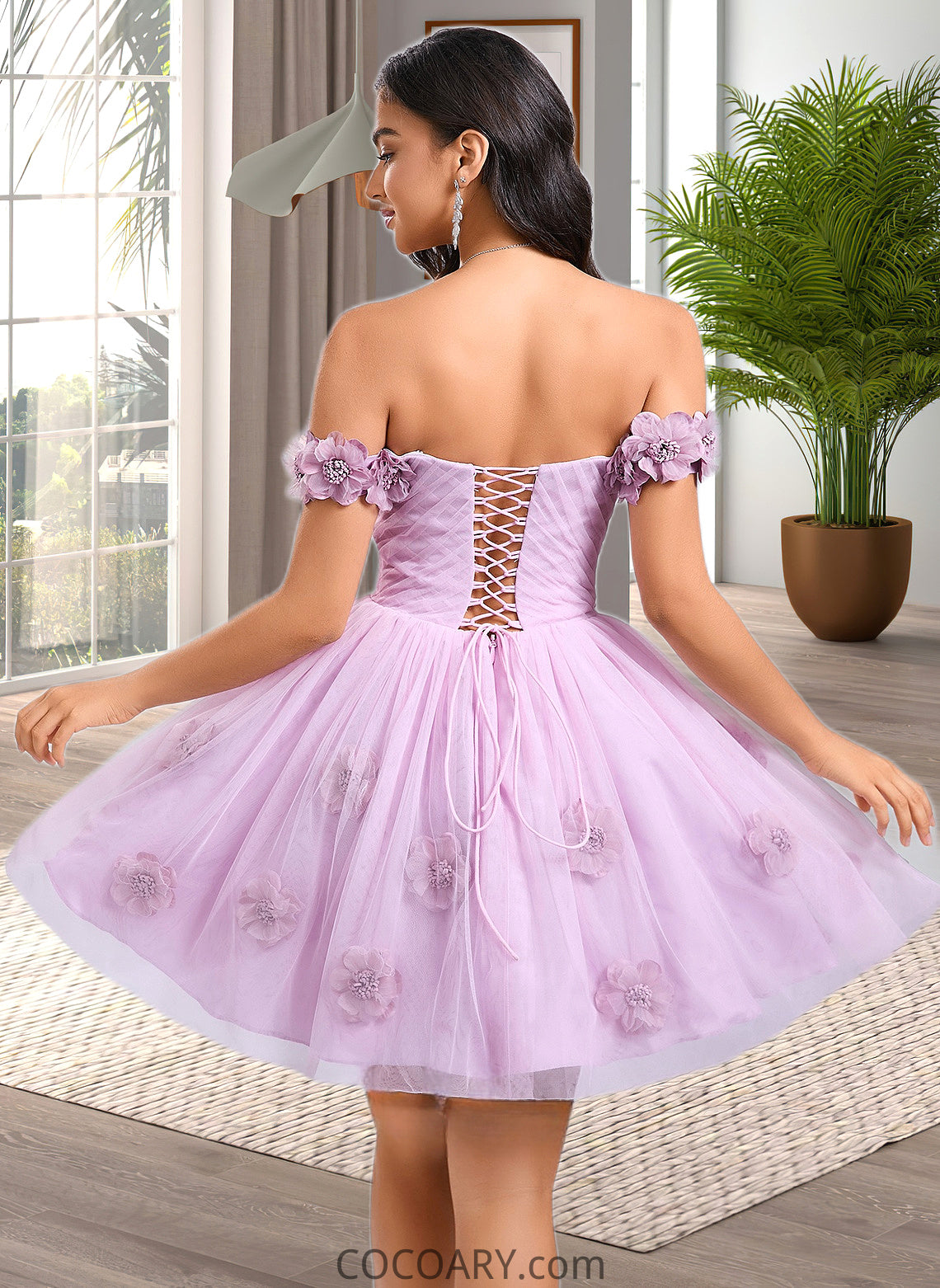 Jazlynn Ball-Gown/Princess Off the Shoulder Short Tulle Homecoming Dress With Pleated Flower DA8P0025668