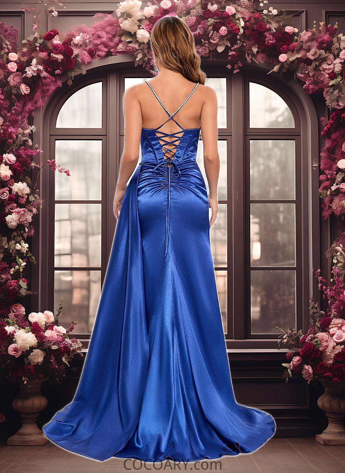 Edith Trumpet/Mermaid Straight Sweep Train Stretch Satin Prom Dresses With Rhinestone DA8P0025861