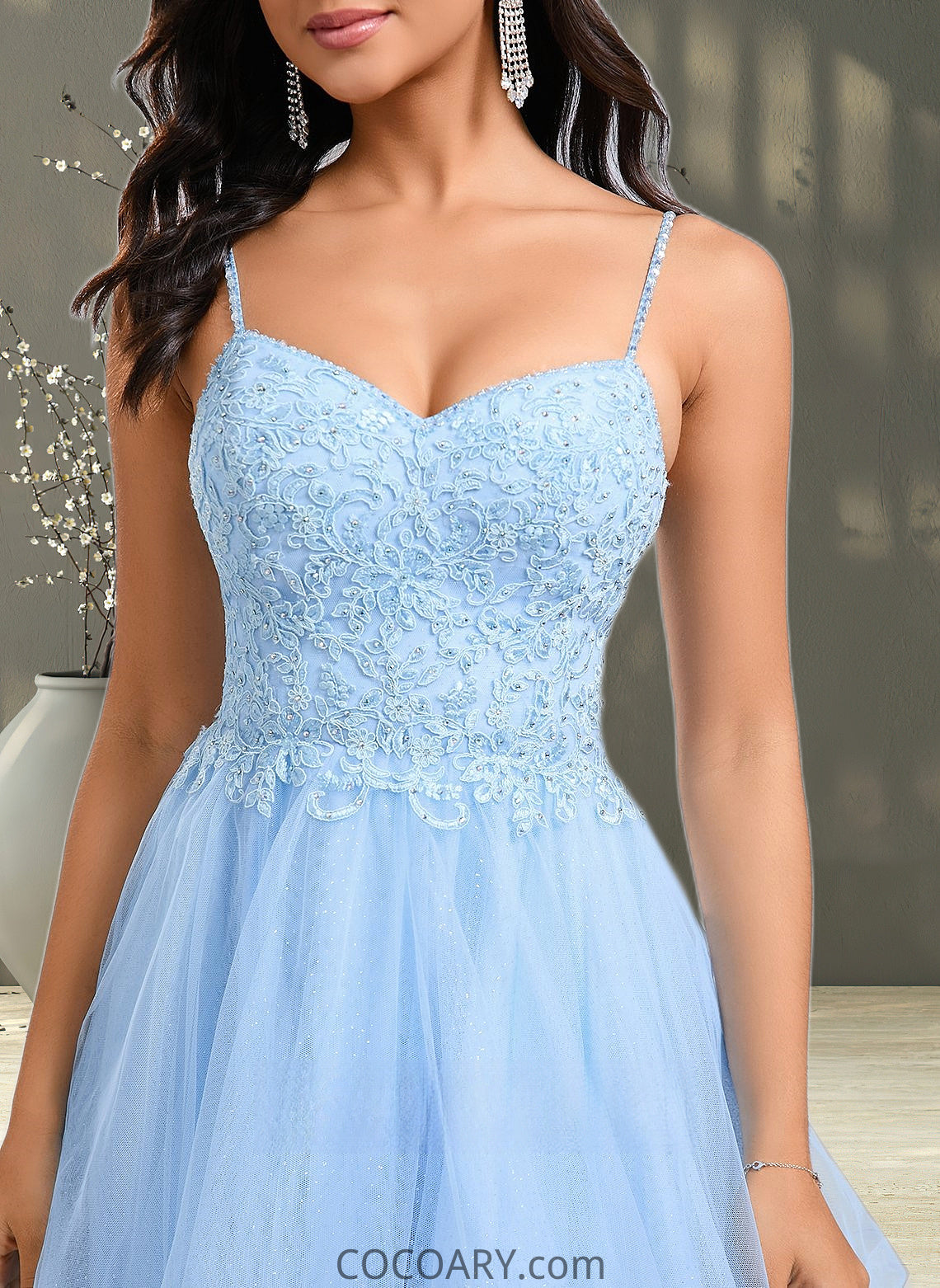 Jasmine A-line V-Neck Short Lace Tulle Homecoming Dress With Rhinestone Sequins DA8P0025658